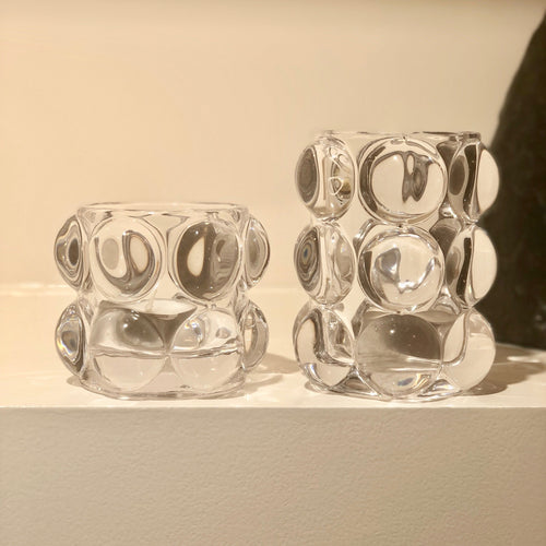 2 photophores bulles transparents en verre , un petit et un grand modèle sur fond blanc